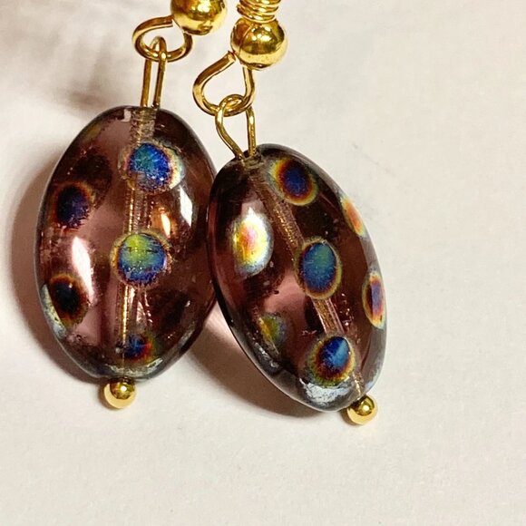 Murano Art Glass Oval Bead Earrings Czech Blue Circles Gold Plated HandMade - Picture 5 of 10